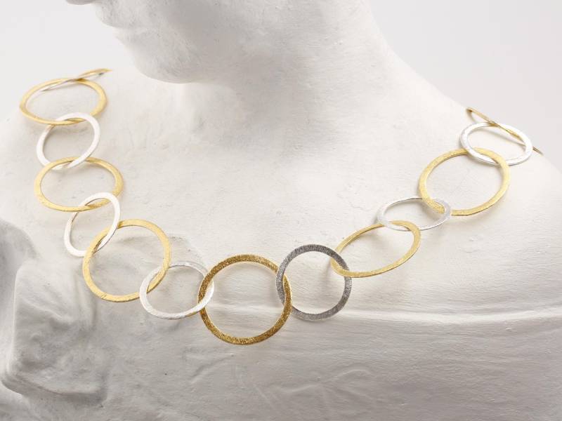 Gliederkette, 925 Silber, Bicolor, Große Runde Kreise, Eismatt, Ösenkette von MartinaMerkleSchmuck