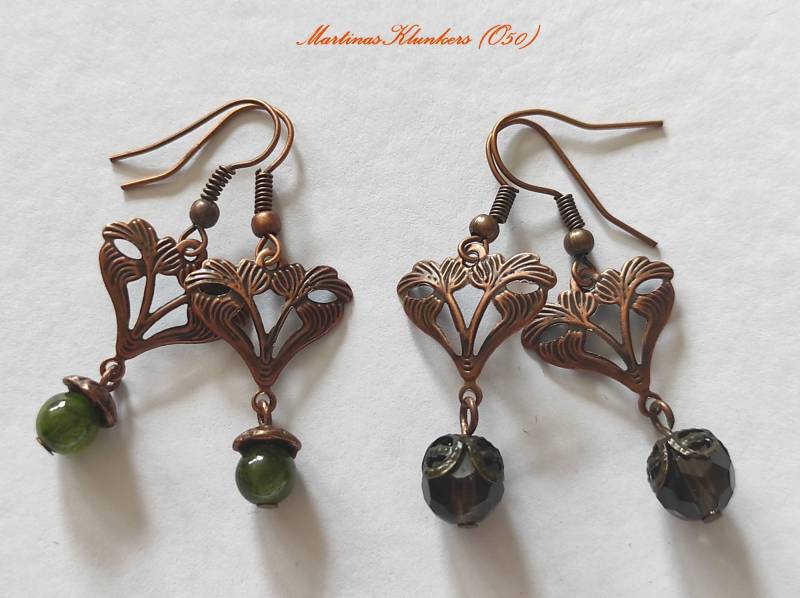 Jugendstil-Ohrringe in Kupfer Mit Jade Oder Rauchquarz | O 50 von MartinasKlunkers