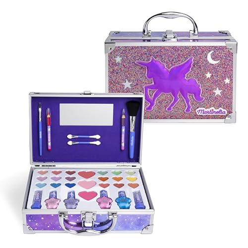 MARTINELIA - Make-up-Palette für Kinder Galaxy – Make-up-Set für Mädchen: Lippenstift, Lidschatten, Nagellack für Kinder, Rouge mit Spiegel – Koffer aus Metall von Martinelia