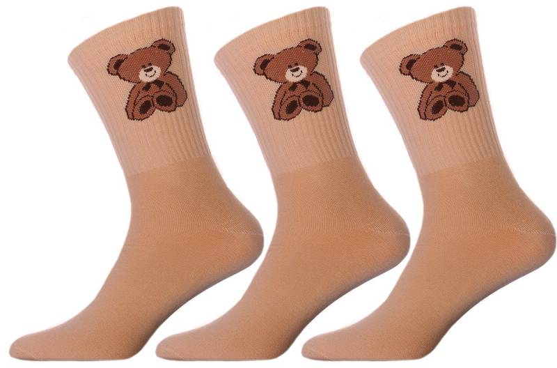 Martinex Freizeitsocken Socken 3er Pack Strümpfe in Beige gerippt mir Bären unisex elastisch, weich, mit Bärchen, 34 35 36 37 38 39 40 41 von Martinex