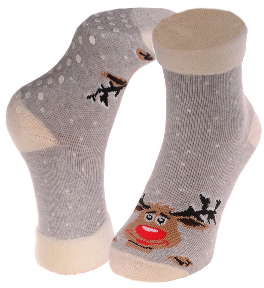 Martinex Thermosocken Socken Weihnachten Weihnachtssocken Antirutschsocken in Grau warm, weich, getoppt, mit Rentier, 33 34 35 36 37 38 39 von Martinex
