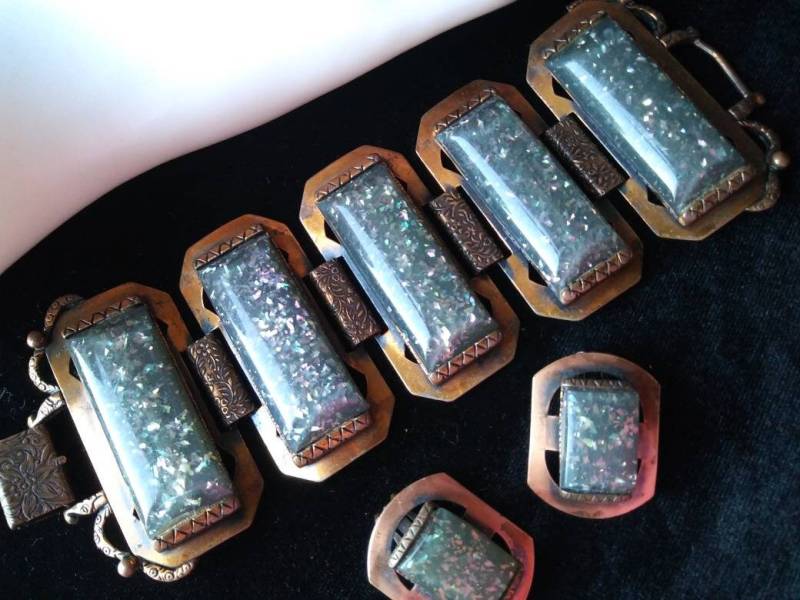 High End Breite Kupfer Armband Ohrring Demi Parure Mid Century Sammlerstück Selten Schwer Zu Finden Modeschmuck Set Art Deco 40Er 1950Er Jahre von MartiniMermaid