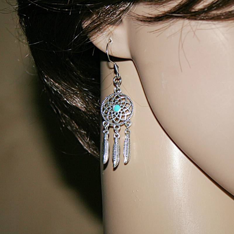 Traumfänger Ohrringe Mit Perle Und Federn - Boho Schmuck Für Damen, Vintage Stil, Handgemacht, Geschenkidee von MartuJewelry