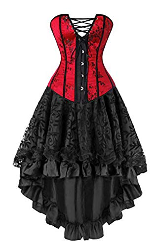Martya Damen Vollbrust Leder Corsage Korsett Steampunk Corsagenkleid Rock Schwarz (EUR(32-34) S, Rot-3-Schwarz) von Martya