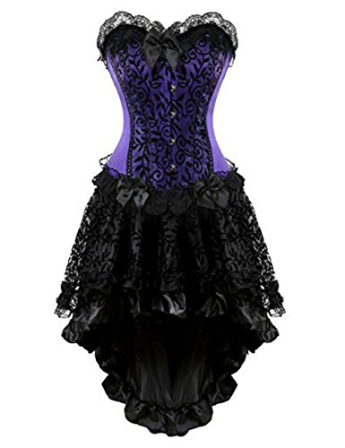 Martya Damen Vollbrust Leder Corsage Korsett Steampunk Corsagenkleid Rock Schwarz (EUR(36-38) L, Lila-Schwarz) von Martya