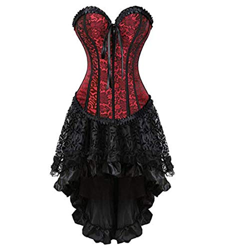 Martya Damen Vollbrust Leder Corsage Korsett Steampunk Corsagenkleid Rock Schwarz (EUR(36-38) L, Rot-2-Schwarz) von Martya