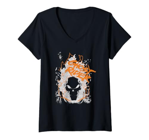 Damen Ghost Rider Orange Flame T-Shirt mit V-Ausschnitt von Marvel
