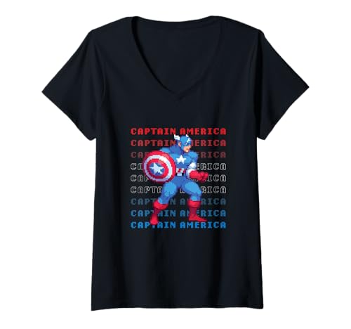 Damen Marvel Cosmic Invasion Captain America RWB Pixel Graphics T-Shirt mit V-Ausschnitt von Marvel