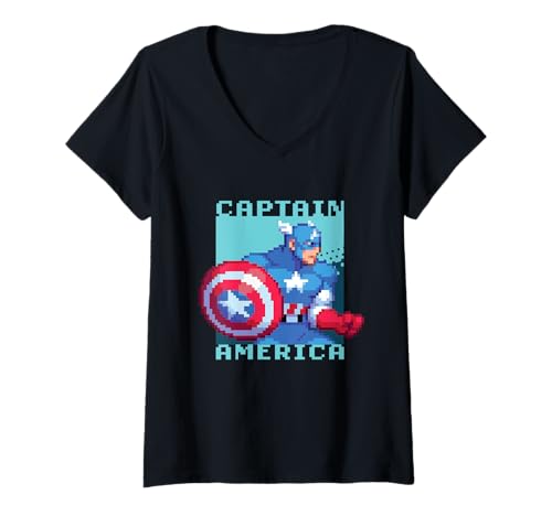 Damen Marvel Cosmic Invasion Captain America Retro Pixel Graphics T-Shirt mit V-Ausschnitt von Marvel