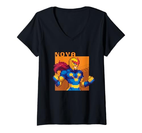 Damen Marvel Cosmic Invasion Game Nova Retro Pixel Graphics T-Shirt mit V-Ausschnitt von Marvel