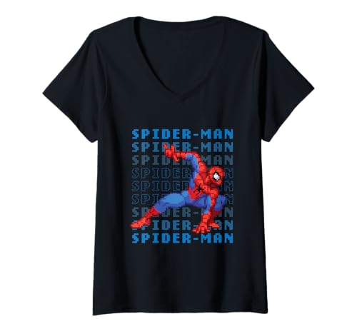 Damen Marvel Cosmic Invasion Game Spider-Man Retro Pixel Graphics T-Shirt mit V-Ausschnitt von Marvel