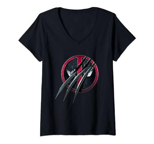 Damen Marvel Deadpool & Wolverine Adamantium Claw Split Logo T-Shirt mit V-Ausschnitt von Marvel