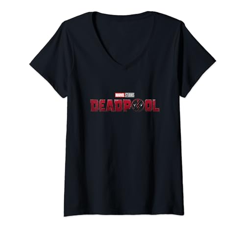 Damen Marvel Deadpool & Wolverine Distressed Mask Badge Movie Logo T-Shirt mit V-Ausschnitt von Marvel