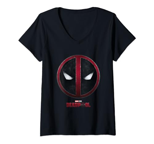 Damen Marvel Deadpool & Wolverine Distressed Split Mask Movie Logo T-Shirt mit V-Ausschnitt von Marvel