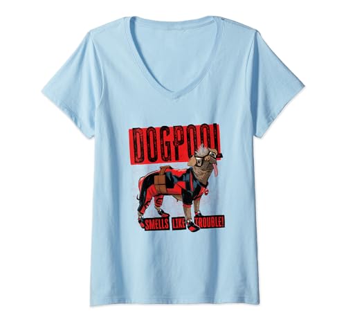 Damen Marvel Deadpool & Wolverine Dogpool Distressed Trouble Logo T-Shirt mit V-Ausschnitt von Marvel