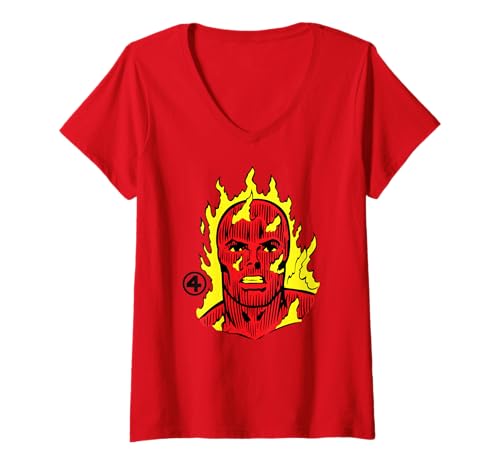 Damen Marvel Fantastic Four Human Torch Big Face Costume T-Shirt mit V-Ausschnitt von Marvel