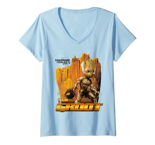 Damen Marvel Guardians Vol.2 ICH BIN GROOT Ready Face T-Shirt mit V-Ausschnitt von Marvel
