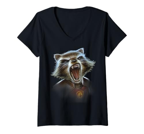 Damen Marvel Guardians of the Galaxy Rocket Face Nahaufnahme T-Shirt mit V-Ausschnitt von Marvel