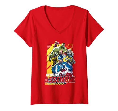 Damen Marvel Rivals Avengers Assemble Group T-Shirt mit V-Ausschnitt von Marvel