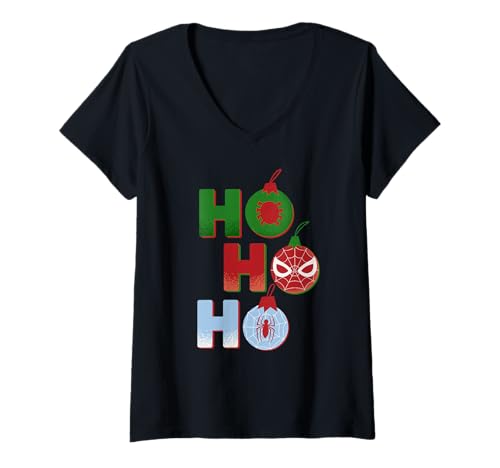 Damen Marvel Spider-Man Christmas Ornaments Ho Ho Ho Holiday T-Shirt mit V-Ausschnitt von Marvel