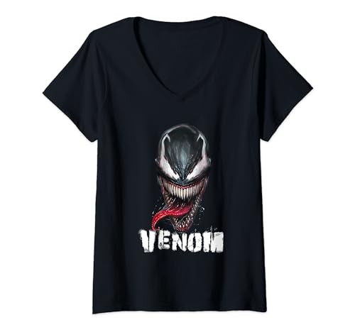 Damen Spiderman Venom Teeth Face With logo T-Shirt mit V-Ausschnitt von Marvel