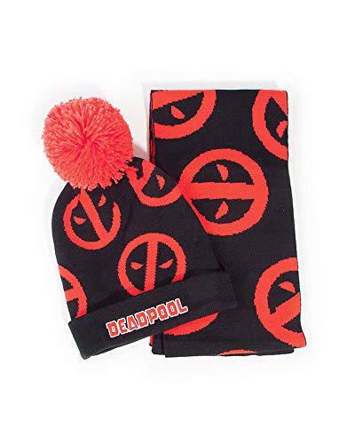 Difuzed Unisex Deadpool Symbol Bommel Schal Geschenk-Set Beanie Mütze, Mehrfarbig, One Size von Marvel