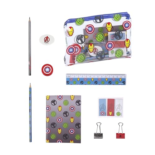 Marvel Avengers Briefpapier-Set, Einschließlich Bleistifte, Lineal, A6-Notizbuch, Radiergummi, Anspitzer, Haftnotizen, Clips, Federmäppchen, Schulset Jungen von Marvel