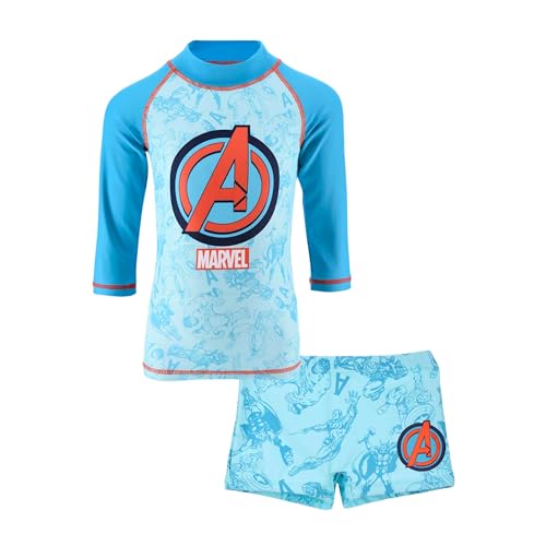 Marvel Avengers Jungen Badeanzug, UV-Schutz-Badeanzug 2-Teiliges Schwimmset T-Shirt und Badeshorts, Größe 4 Jahre, Blau von Marvel