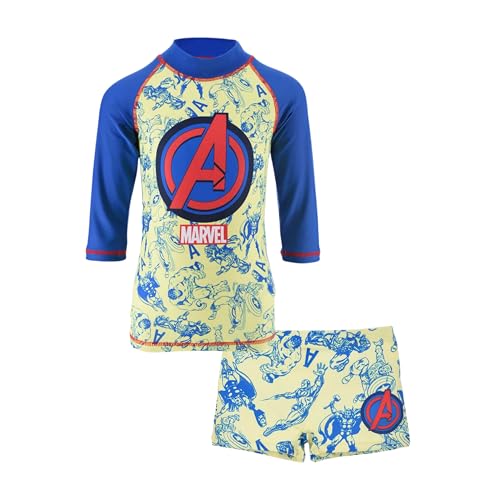 Marvel Avengers Jungen Badeanzug, UV-Schutz-Badeanzug 2-Teiliges Schwimmset T-Shirt und Badeshorts, Größe 4 Jahre, Gelb von Marvel