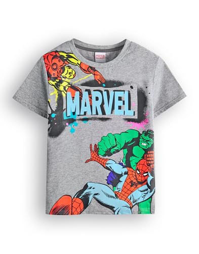 Marvel Avengers Jungen T-Shirt | Kinder Superhero Kurzarm Grafik T-Shirt in Grau | Spiderman Der unglaubliche Hulk Iron Man Graffiti Stil Comic Book Bekleidung Top | Film Film Kunst Merchandise von Marvel