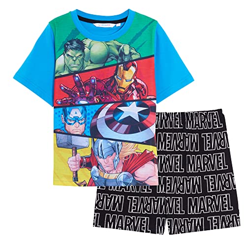 Marvel Avengers Kurzpyjama für Jungen, Shortie Schlafanzug-Set, Kinder T-Shirt + Shorts, Superhelden-Nachtwäsche, Blau, 7-8 Jahre von Marvel