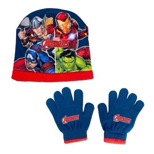 Marvel Avengers Mütze und Handschuhe für Jungen, Winter-Set für Kinder, Winter-Accessoires von The Avengers Thor Hulk Iron Man und Captain America – Blau von Marvel