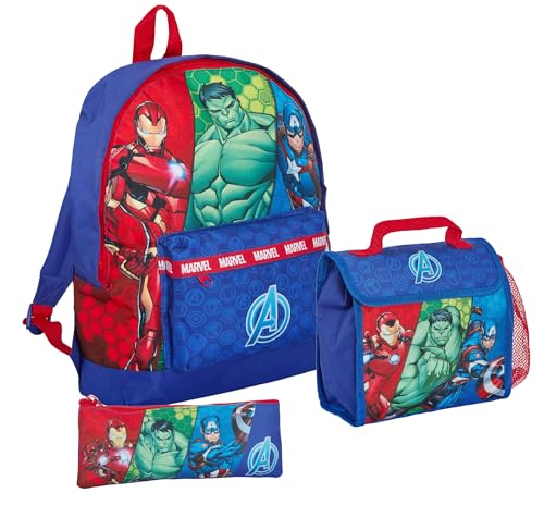 Marvel Avengers Rucksack + Lunchtasche + Federmäppchen Jungen 3-teiliges Schulranzen-Set Hulk Iron Man Captain America, blau, Rucksack von Marvel