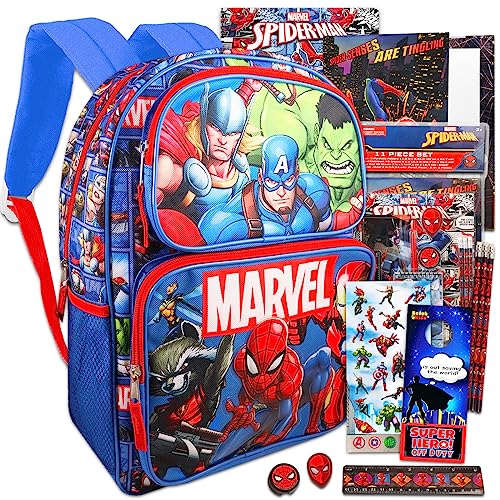 Marvel Avengers Rucksack-Set für Kinder – Bündel mit 40,6 cm Avengers-Rucksack, Spiderman-Ordnern, Bleistiften, Aufklebern und mehr Schulbedarf von Marvel