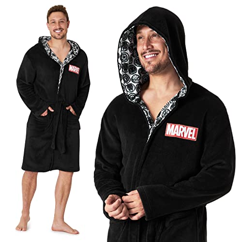 Marvel Bademantel Herren Flauschig, Fleece Morgenmantel Herren mit Kapuze (Schwarz, 3XL) von Marvel