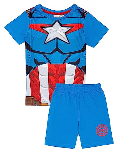 Marvel Captain America Pyjama-Set für Jungen | Kinder-PJs mit T-Shirt und Shorts „Captain America“ | Mächtiges blaues Anzugdesign | Offizielle Ware kleine Superhelden von Marvel