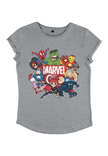 Marvel Damen Avengers Classic Group Marvel Retro Women's Rolled Sleeve T-shirt, Melange Grey, S von Marvel