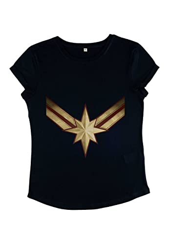 Marvel Damen Captain Marvel Marvel Costume Symbol Women's Rolled Sleeve T-shirt, Navy Blue, M von Marvel