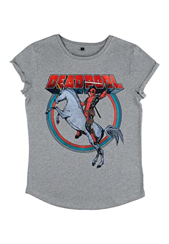 Marvel Damen Deadpool Deadpool On Unicorn Women's Rolled Sleeve T-shirt, Melange Grey, S von Marvel