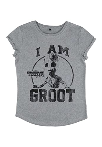 Marvel Damen Guardians Of The Galaxy 2 Collegiate Groot Women's Rolled Sleeve T-shirt, Melange Grey, S von Marvel