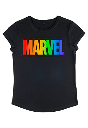 Marvel Damen Rainbow Marvel Women's Rolled Sleeve T-shirt, Schwarz, S von Marvel