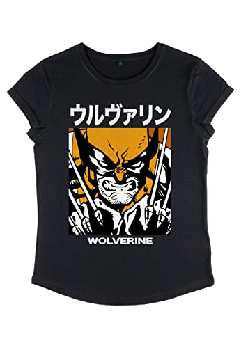 Marvel Damen X-men Wolverine Kanji Block Women's Rolled Sleeve T-shirt, Schwarz, M von Marvel