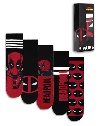 Marvel Deadpool Herren Wadensocken 5er Set | Grafikdesign in Rot & Schwarz | Alltagskleidung | Filmcharakter-Merchandise Merch von Marvel