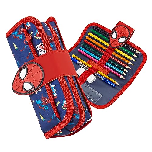 Marvel Federmäppchen für Jungen, Spiderman 2-in1 Federtasche, Schule Federmappe Jungen mit 8 Buntstiften, Kugelschreiber, HB-Bleistift, Radiergummi, Lineal, & Abnehmbare Tasche, Spiderman Geschenk von Marvel