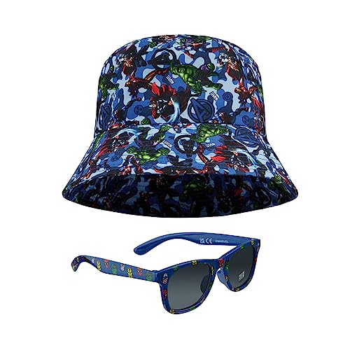 Marvel Fischerhut und Kinder Sonnenbrille Set für Jungen Avengers Sonnenhut 100% UV Kindersonnenbrille Spiderman Hut Jungen - Ideal für Urlaub Sommer Zubehör Geschenke (Blau Avengers) von Marvel