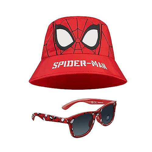 Marvel Fischerhut und Kinder Sonnenbrille Set für Jungen Avengers Sonnenhut 100% UV Kindersonnenbrille Spiderman Hut Jungen - Ideal für Urlaub Sommer Zubehör Geschenke (Rot Spiderman) von Marvel