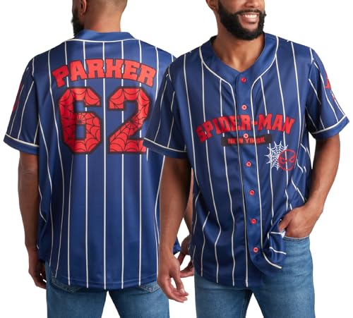 Marvel Herren Baseballtrikot – Avengers Spider Man Venom Hipster Hip Hop Button Up Baseball Trikot Herren (Größen: S-4XL), Navy Stripes Spider-Man, XL von Marvel