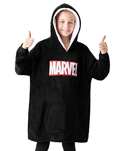 Marvel Oversize Hoodie Decke mit Ärmeln Pullover Jungen Warme Tragbare Kuscheldecke Kapuzenpullover Kinder und Teenager (Schwarz Marvel) von Marvel