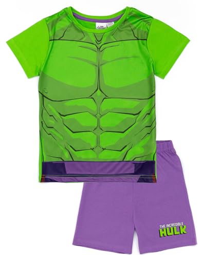 Marvel Hulk Jungen-Pyjama-Set | Kinder Hulk T-Shirt und Shorts Pyjamas | Mächtiges Design in Grün und Lila | Offizielle Ware kleine Superhelden von Marvel
