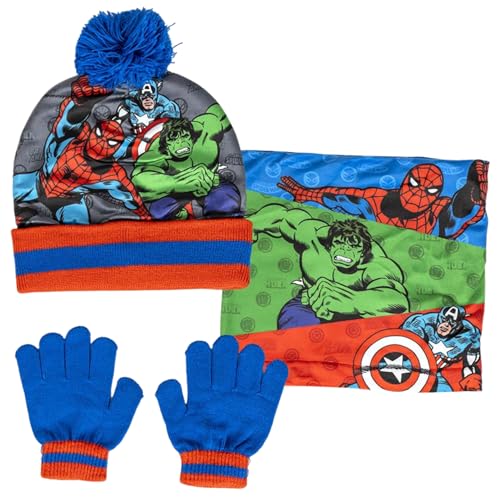 Marvel Jungen Avengers Bommelmütze + Schal + Handschuhe Set Winter 3-teiliges Set Kinder Geschenk, rot / blau, 2-8 Jahre von Marvel